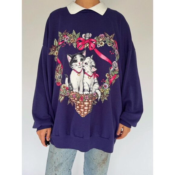 90s vintage purple cat kitten festive christmas graphic pullover sweatshirt 2XL - Picture 2 of 10